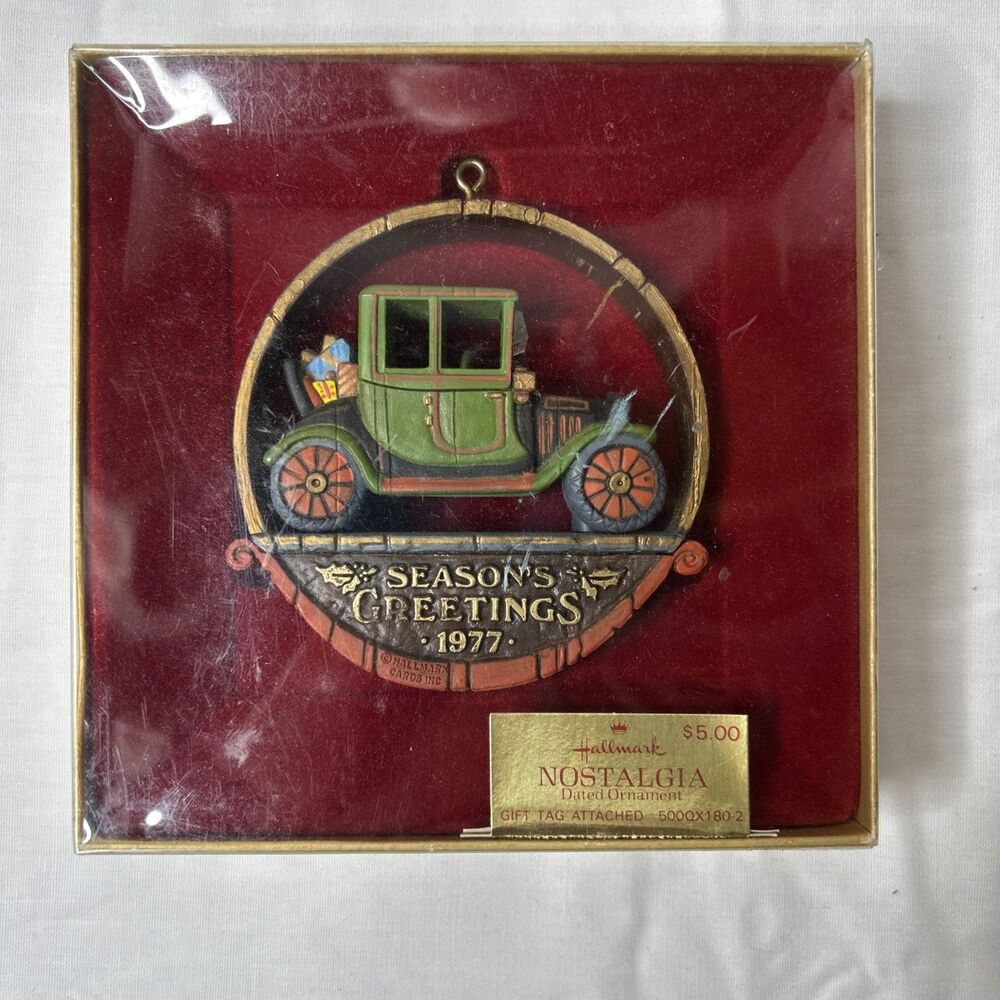 1977 Hallmark Christmas Ornament  Tree Trimmer Antique Car Seasons Greetings Box